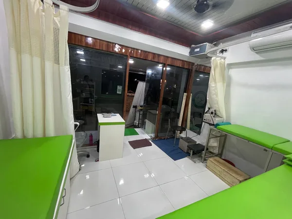 Clinic interior corridor with physiotherapy equipment